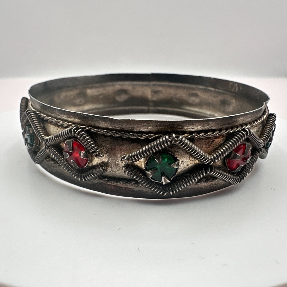 Vintage 80s Silver Tone Tribal Cuff Bracelet with Ruby & Green Stones